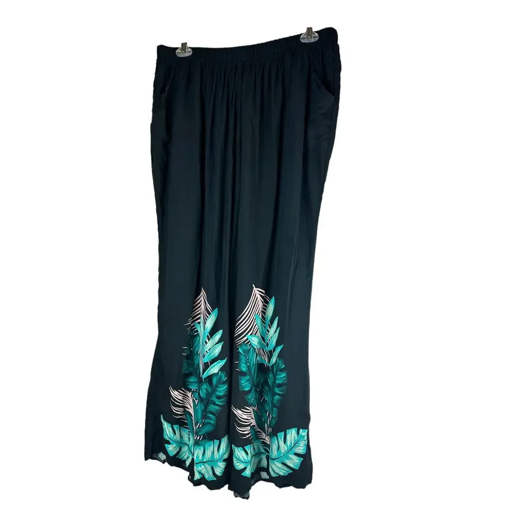 NWT Swim by Cacique Wide Leg Lounge Pants Black Tropical Print Plus Size 26/28 - Picture 2 of 13